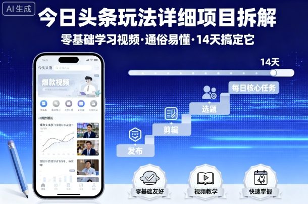 今日头条玩法详细项目拆解，零基础学习视频 通俗易懂 14天搞定它-chywc