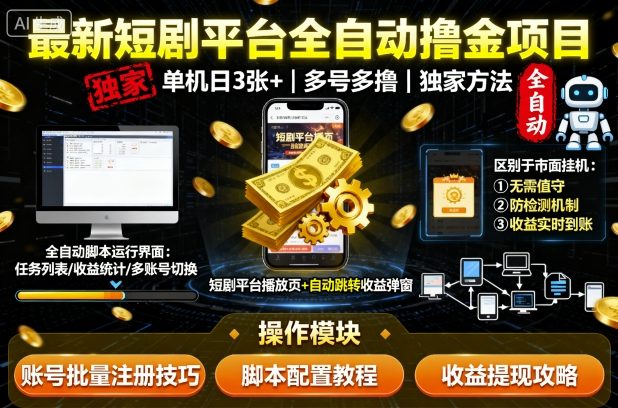 最新短剧平台全自动挂G撸金项目，单机一天3张+，多号多撸，区别于市面所有挂机项目，独家方法【揭秘】-chywc
