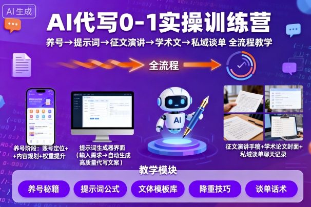 AI代写0-1实操训练营，从养号、提示词、征文演讲、学术文，到私域谈单的全流程教学-chywc