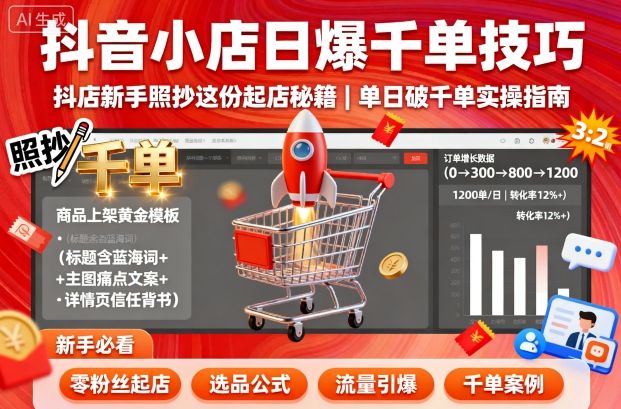 抖音小店日爆千单技巧，抖店新手照抄这份起店秘籍，单日破千单-chywc