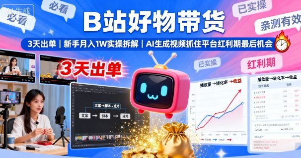 B站好物带货，3天出单，新手月入1W实操拆解，AI生成视频，抓住平台红利期最后机会-chywc