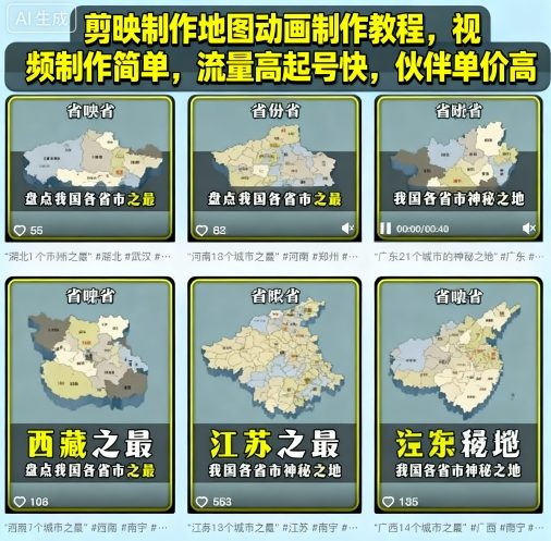 剪映制作地图动画制作教程，视频制作简单，流量高起号快，伙伴单价高-chywc