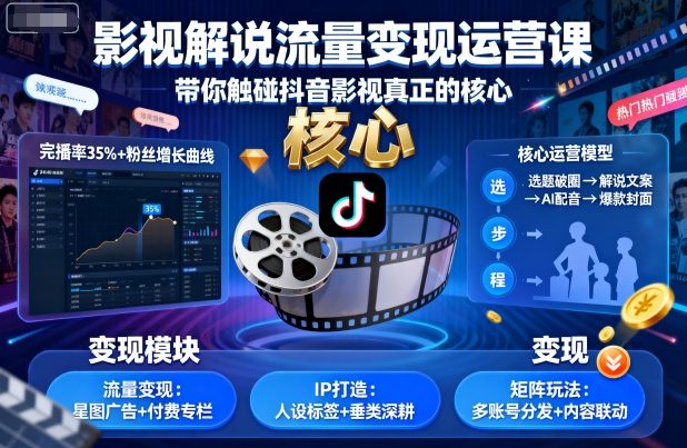 影视解说流量变现运营课，带你触碰抖音影视真正的核心-chywc