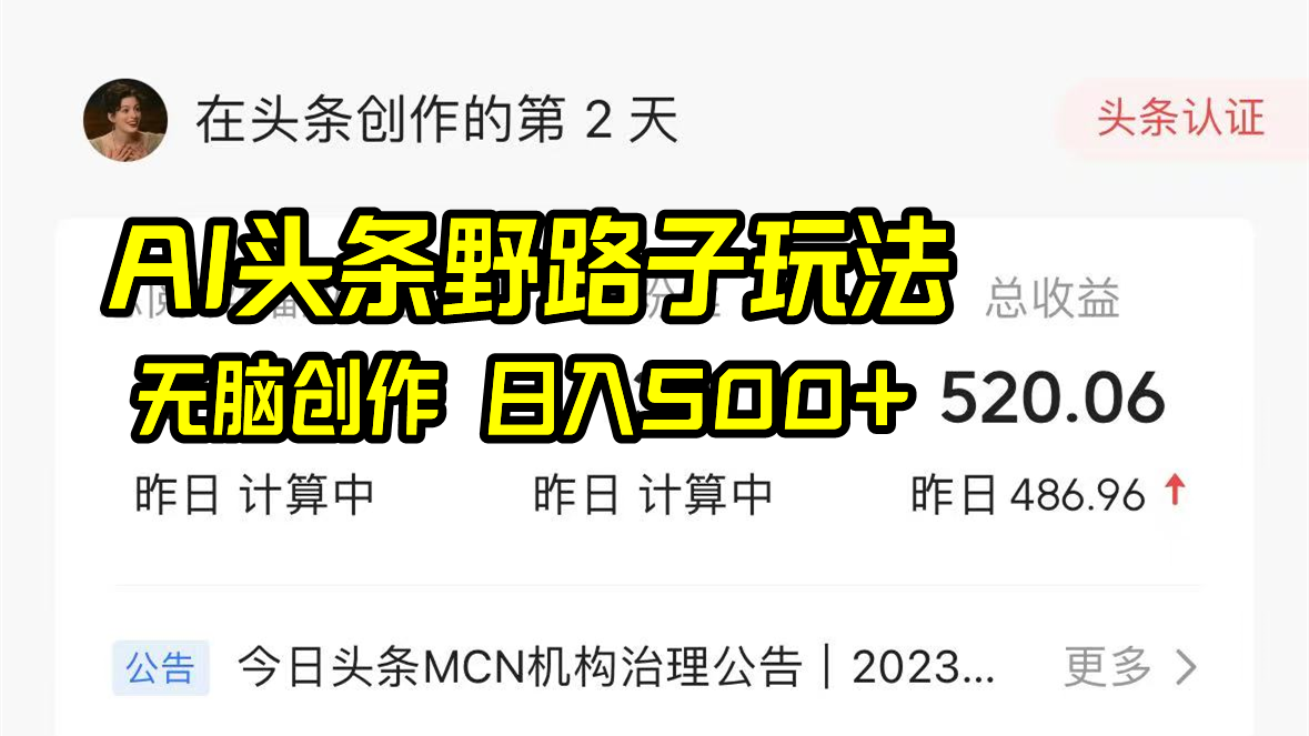 AI头条野路子玩法，无脑创作，日入500+-chywc