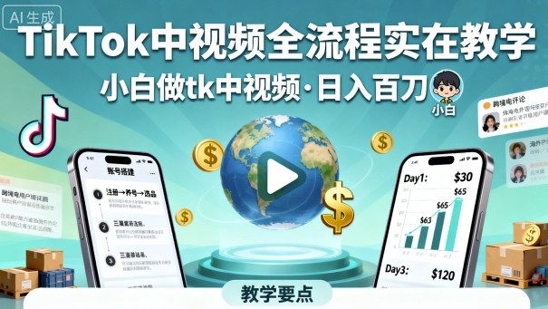 TikTok中视频全流程实操教学，小白做tk中视频，日入百刀-chywc