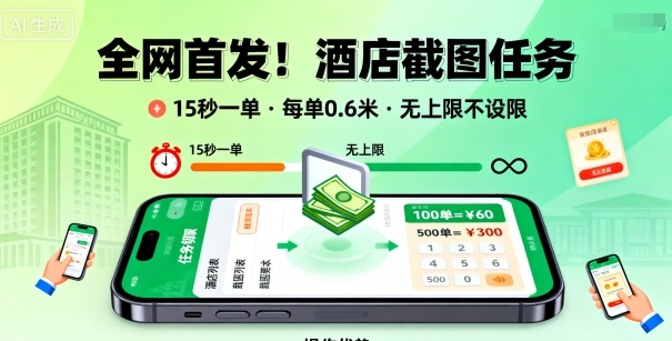 全网首发！酒店截图任务，15秒一单，每单0.6米，任务无上限不设限，矩阵操作单日3张到手【揭秘】-chywc