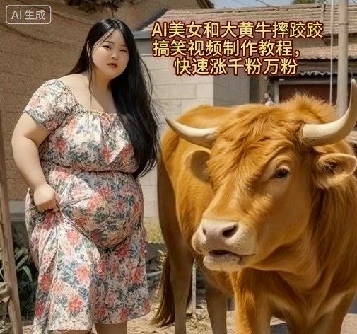 AI美女和大黄牛摔跤搞笑荒诞视频制作教程，快速涨千粉万粉-chywc