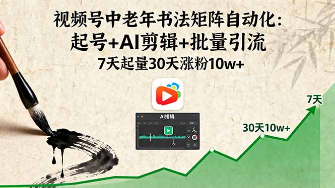 视频号中老年书法矩阵自动化：起号+AI剪辑+批量引流 7天起量30天涨粉10w+-chywc