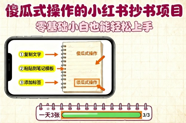 傻瓜式操作的小红书抄书项目，会复制粘贴就行，零基础小白也能一天3张-chywc