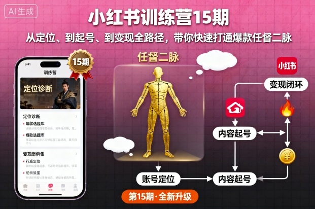 小红书训练营15期，从定位、到起号、到变现全路径，带你快速打通爆款任督二脉-chywc