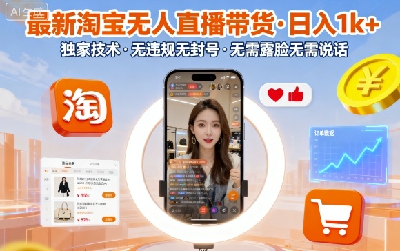 最新淘宝无人直播带货，日入1k+，独家技术，无违规无封号，无需露脸无需说话【揭秘】-chywc