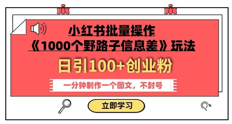 小红书批量操作《1000个野路子信息差》玩法，一分钟制作一个图文，不封号，日引100+创业粉-chywc