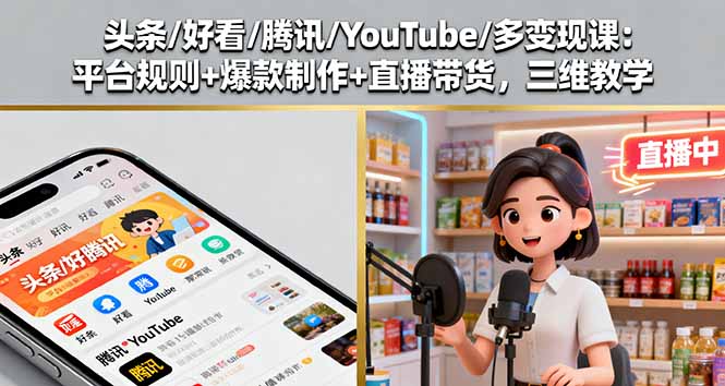 头条/好看/腾讯/YouTube/多变现课：平台规则+爆款制作+直播带货，三维教学-chywc