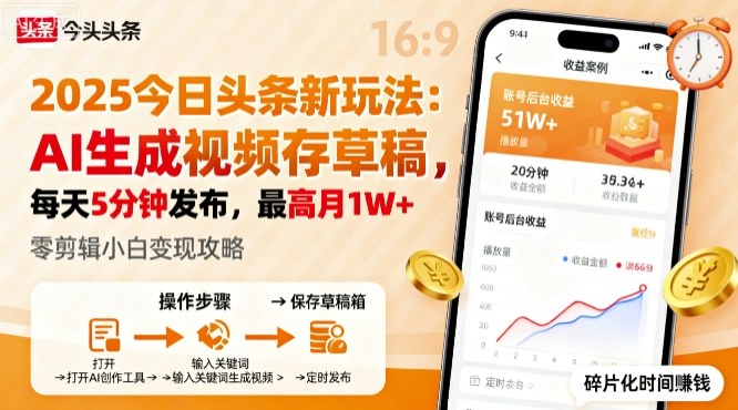 2025年今日头条躺賺新玩法，AI生成视频存草稿，每天5分钟发布，最高月1W+【揭秘】-chywc