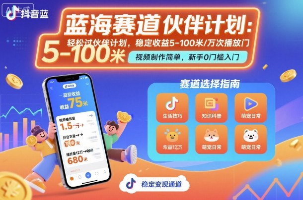 抖音蓝海赛道，轻松过伙伴计划，视频制作简单，万次播放收益在5-100米，稳定收益-chywc