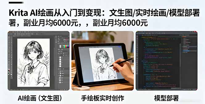 Krita AI绘画从入门到变现：文生图/实时绘画/模型部署，副业月均6000元-chywc