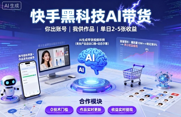 快手黑科技AI带货，你提供账号，我提供作品并发布，单日2-5张【揭秘】-chywc