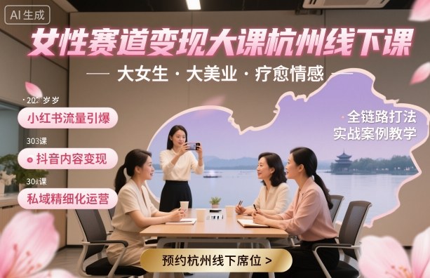 女性赛道变现大课杭州线下，大女生，大美业，疗愈情感，一套小红书、抖音、私域全链路打法-chywc