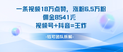 一条视频18W点赞，涨粉6.5W粉佣金8541米，视频号+抖音=王炸-chywc