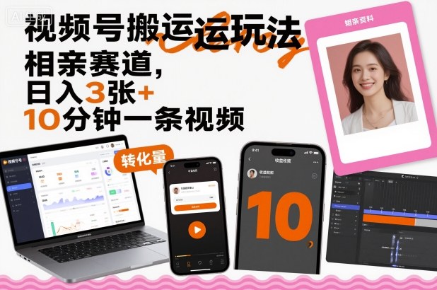 视频号搬运玩法，相亲赛道，日入3张+，10分钟一条视频-chywc