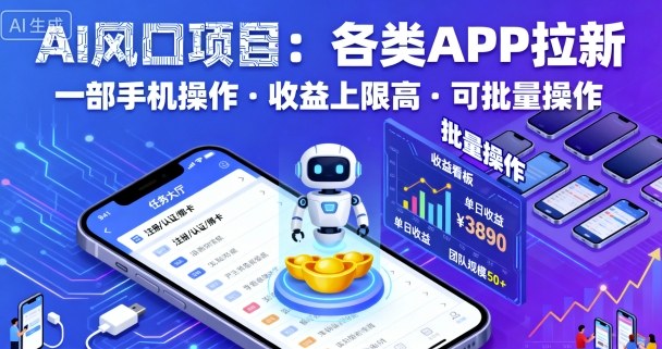 AI风口项目，各类APP拉新，一部手机就可以操作，收益上限高，可批量操作-chywc