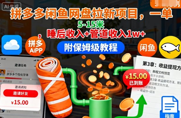 拼多多闲鱼网盘拉新项目，一单5-15米，睡后收入+管道收入1w+(附保姆级教程)-chywc