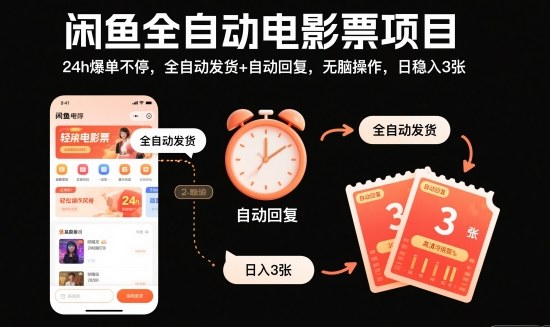 闲鱼全自动电影票项目，24h爆单不停，全自动发货+自动回复，无脑操作，日稳入3张【揭秘】-chywc