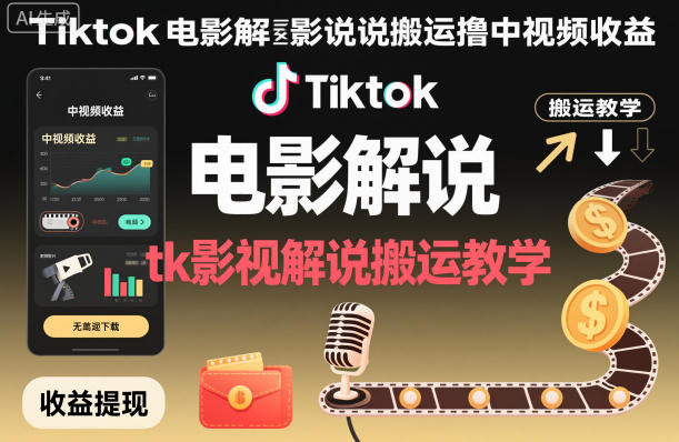 Tiktok电影解说搬运撸中视频收益，tk影视解说搬运教学-chywc