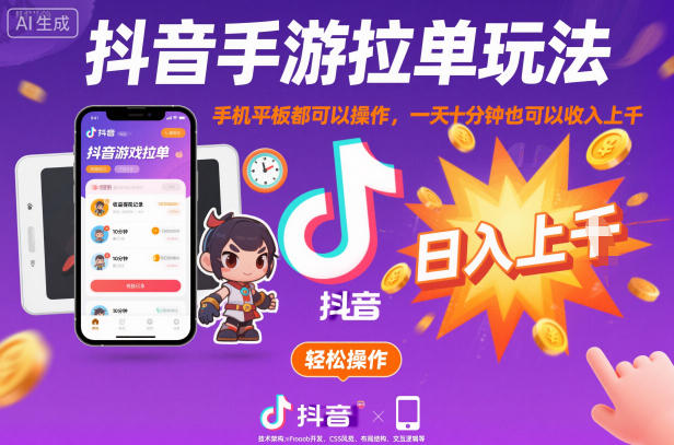 抖音手游拉单玩法，手机平板都可以操作，一天十分钟也可以收入上K【揭秘】-chywc