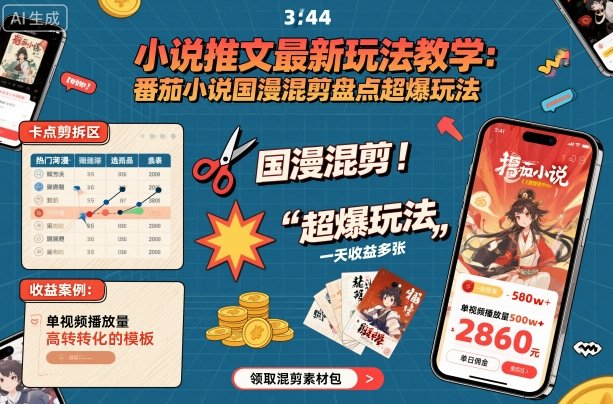 小说推文最新玩法教学，番茄小说国漫混剪盘点超爆玩法，全程干货，一天收益多张-chywc