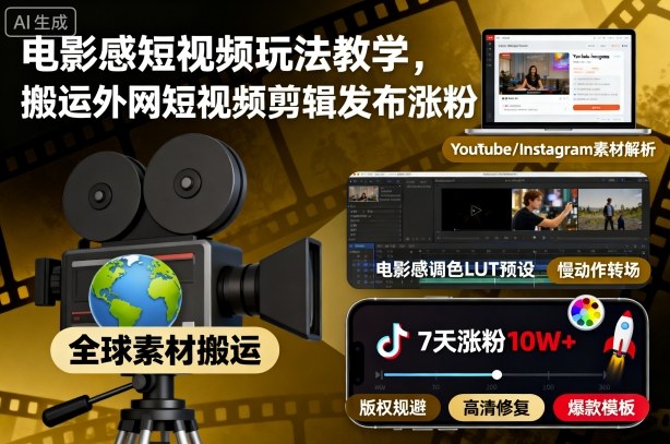 电影感短视频玩法教学，搬运外网短视频剪辑发布涨粉-chywc