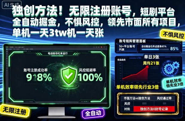 独创方法！无限注册账号，短剧平台全自动掘金，不惧风控，领先市面所有项目，单机一天3张【揭秘】-chywc