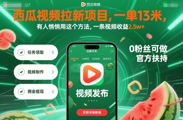 西瓜视频拉新项目，一单13米，有人悄悄用这个方法，一条视频收益2.5w+(附详细教程)-chywc