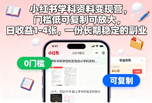 小红书学科资料变现营，门槛低可复制可放大，日收益1-4张，一份长期稳定的副业-chywc