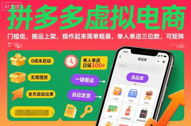 拼多多虚拟电商，门槛低，搬运上架，操作起来简单粗暴，单人单店三位数，可矩阵-chywc