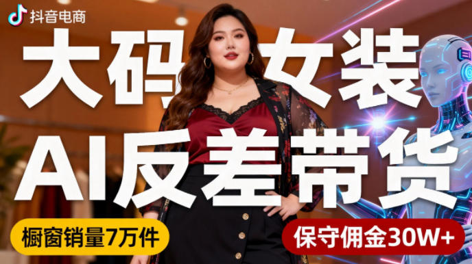 抖音小众赛道，大码女装AI反差带货，不用直播，每天6条作品，橱窗卖7万件，保守佣金30W+-chywc