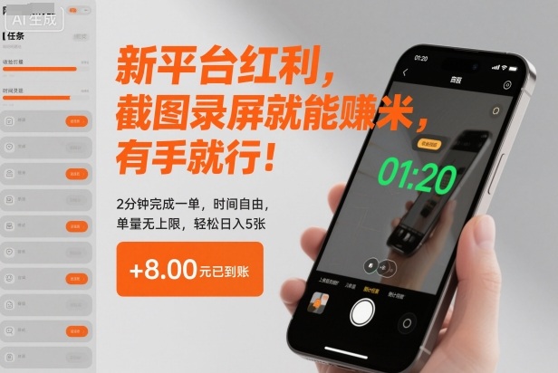 新平台红利，截图录屏就能賺米，有手就行！2分钟完成一单，时间自由，单量无上限，轻松日入5张【揭秘】-chywc