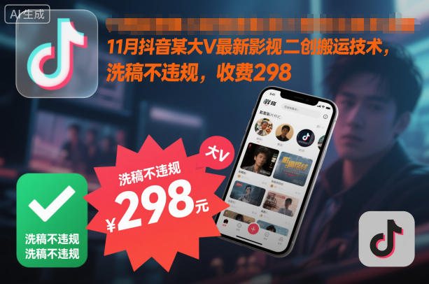 11月抖音某大V最新影视二创搬运技术，洗稿不违规，收费298-chywc