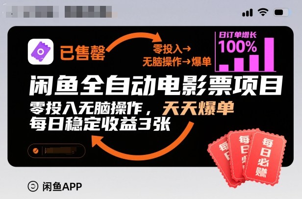 闲鱼全自动电影票项目，零投入无脑操作，天天爆单，每日稳定收益3张【揭秘】-chywc