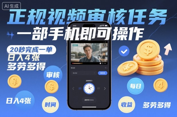 正规视频审核任务，一部手机即可操作，20秒完成一单，日入4张，多劳多得【揭秘】-chywc