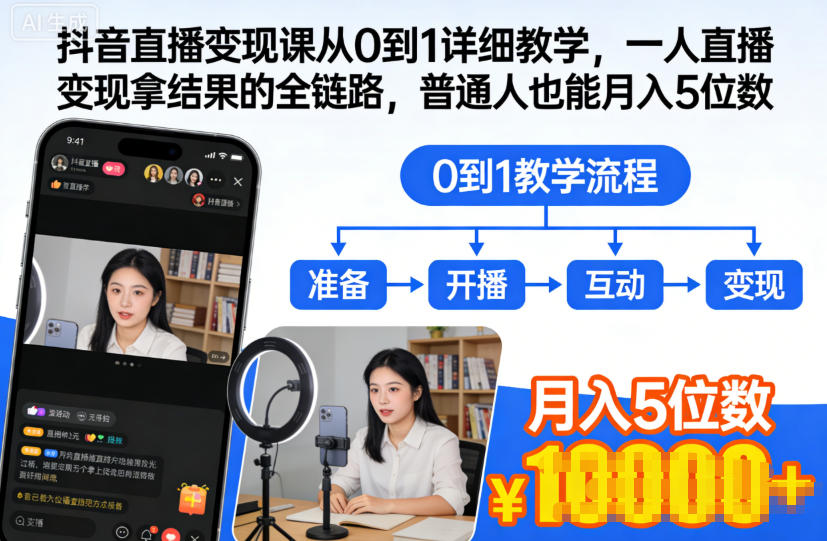 抖音直播变现课从0到1详细教学，一人直播变现拿结果的全链路，普通人也能月入5位数-chywc