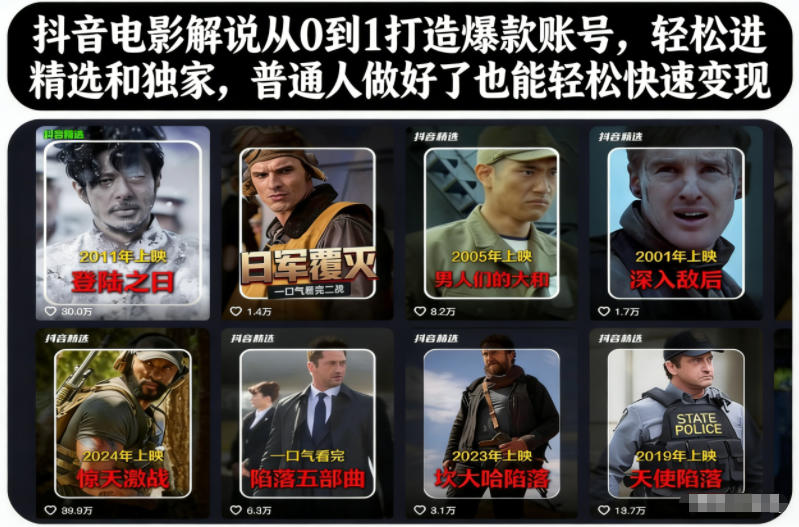 抖音电影解说从0到1打造爆款账号，轻松进精选和独家，普通人做好了也能轻松快速变现-chywc