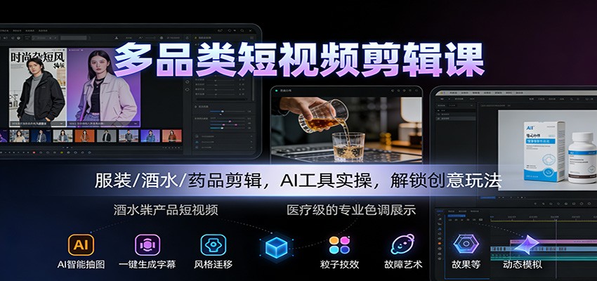 多品类短视频剪辑课：服装/酒水/药品剪辑，AI工具实操，解锁创意玩法-chywc