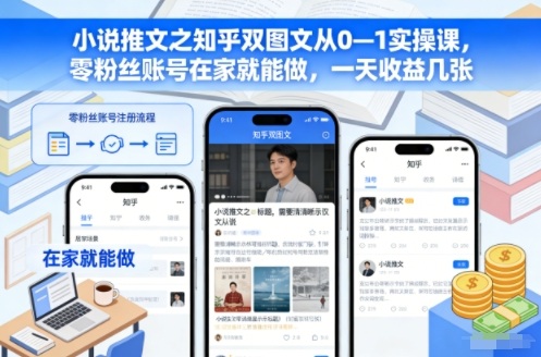 小说推文之知乎双图文从0—1实操课，零粉丝账号在家就能做，一天收益几张-chywc