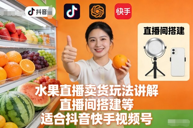 水果直播卖货玩法讲解、直播间搭建等，适合抖音快手视频号-chywc