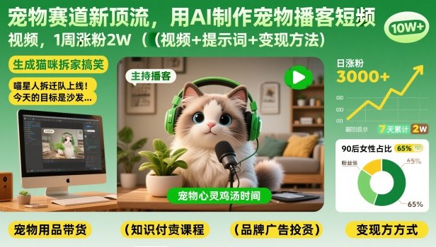 宠物赛道新顶流，用AI制作宠物播客短视频，1周涨粉2W(视频+提示词+变现方法)-chywc