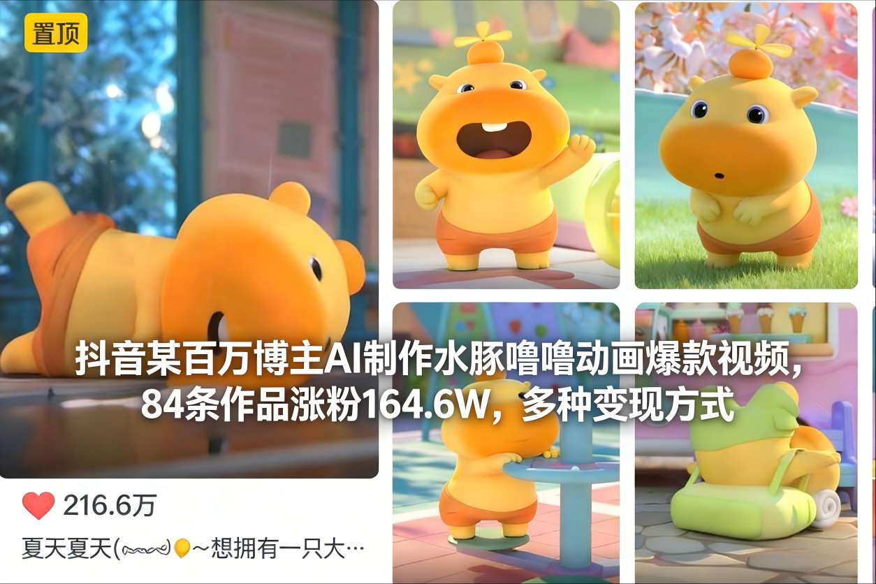 抖音某百万博主AI制作水豚噜噜动画爆款视频，84条作品涨粉164.6W，多种变现方式-chywc