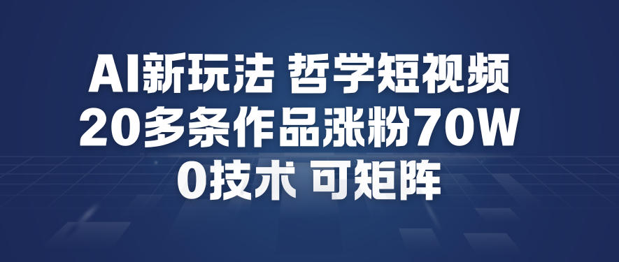 AI新玩法哲学短视频制作教学，20多条作品涨粉70W，0成本赛道，可矩阵-chywc