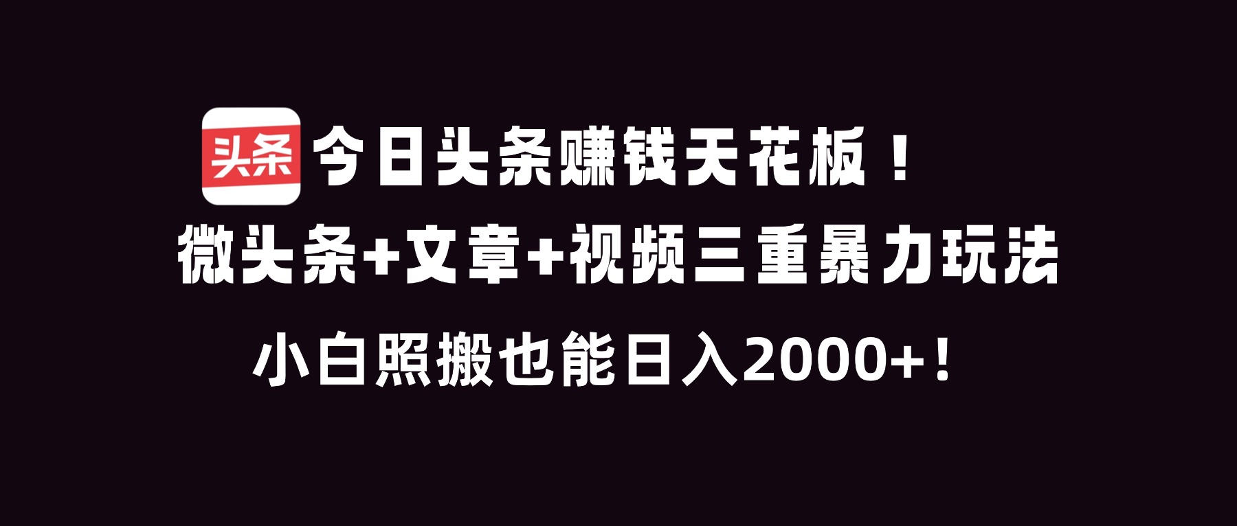 今日头条赚钱天花板！微头条+文章+视频三重暴利玩法，小白照搬也能日人2000+-chywc