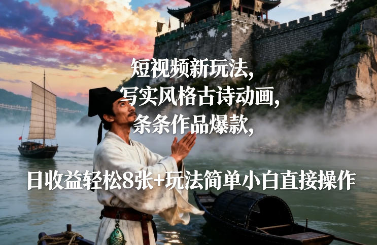 短视频新玩法，写实风格古诗动画，条条作品爆款，日收益轻松8张+玩法简单小白直接操作-chywc